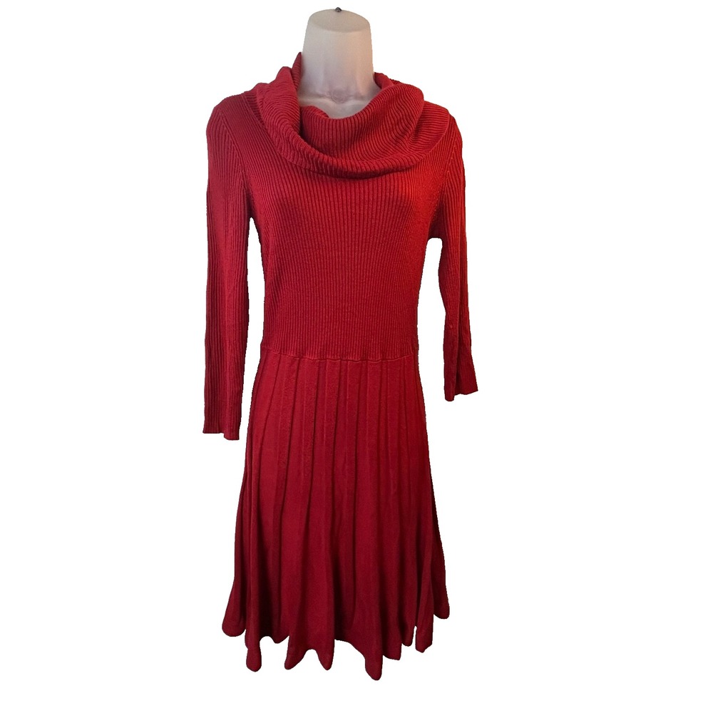 Womens Medium Liz Claiborne Red Cowl Neck Mini‎ Sweater Dress